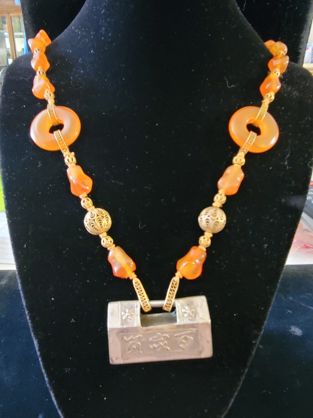 Antique Carnelian Silver Fillagree Lock Necklace Chinese Export